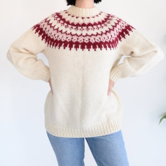 Cream Chunky Oversized  Knit Cowichan Fair Isle Icelandic Fisherman Cabincore - Picture 2 of 10